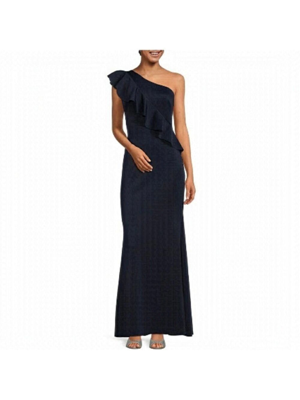 NWT Jessica Howard Sleeveless One Shoulder Ruffle Scuba Sheath Gown